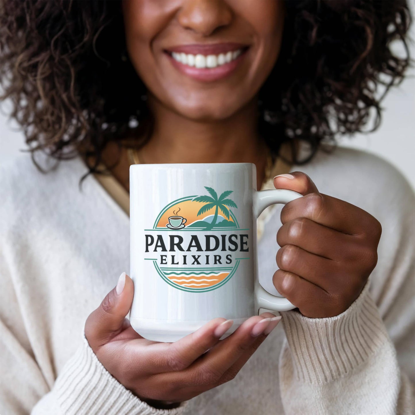 Large 15oz Coffee Mug – Paradise Elixirs Ceramic Cup, Microwave & Dishwasher Safe, Everyday Use Mug