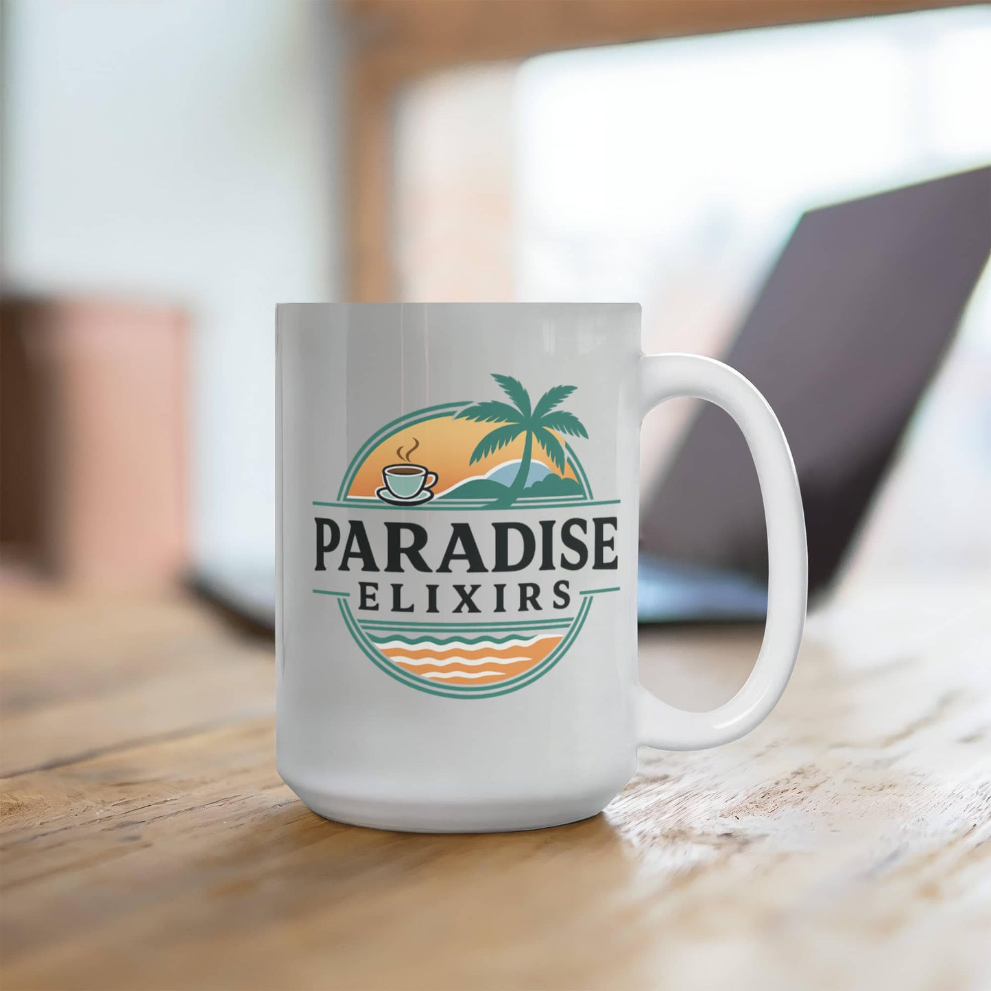 Large 15oz Coffee Mug – Paradise Elixirs Ceramic Cup, Microwave & Dishwasher Safe, Everyday Use Mug