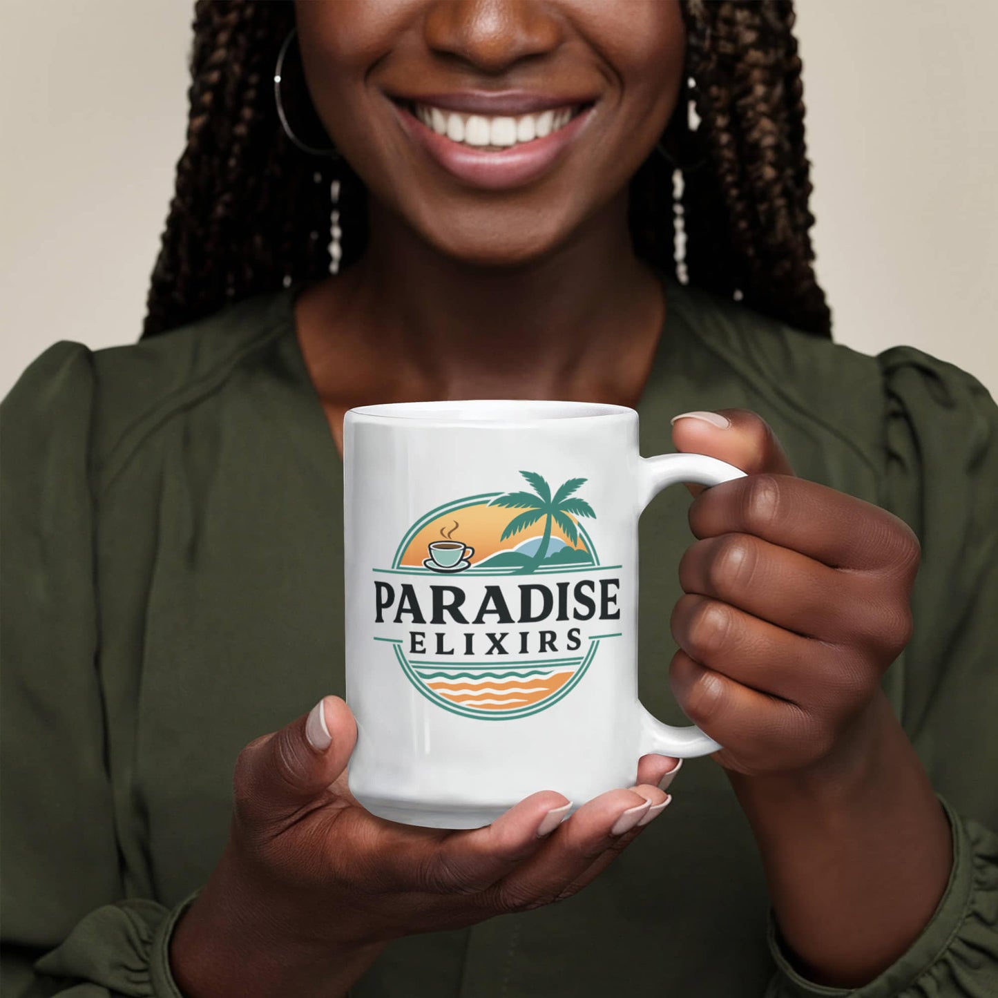Large 15oz Coffee Mug – Paradise Elixirs Ceramic Cup, Microwave & Dishwasher Safe, Everyday Use Mug